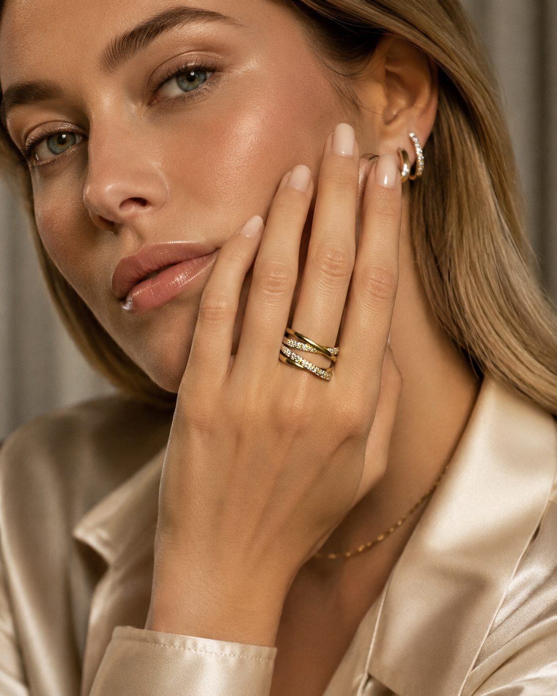 Gold Crossover Pavé Multi-Band Ring worn on finger