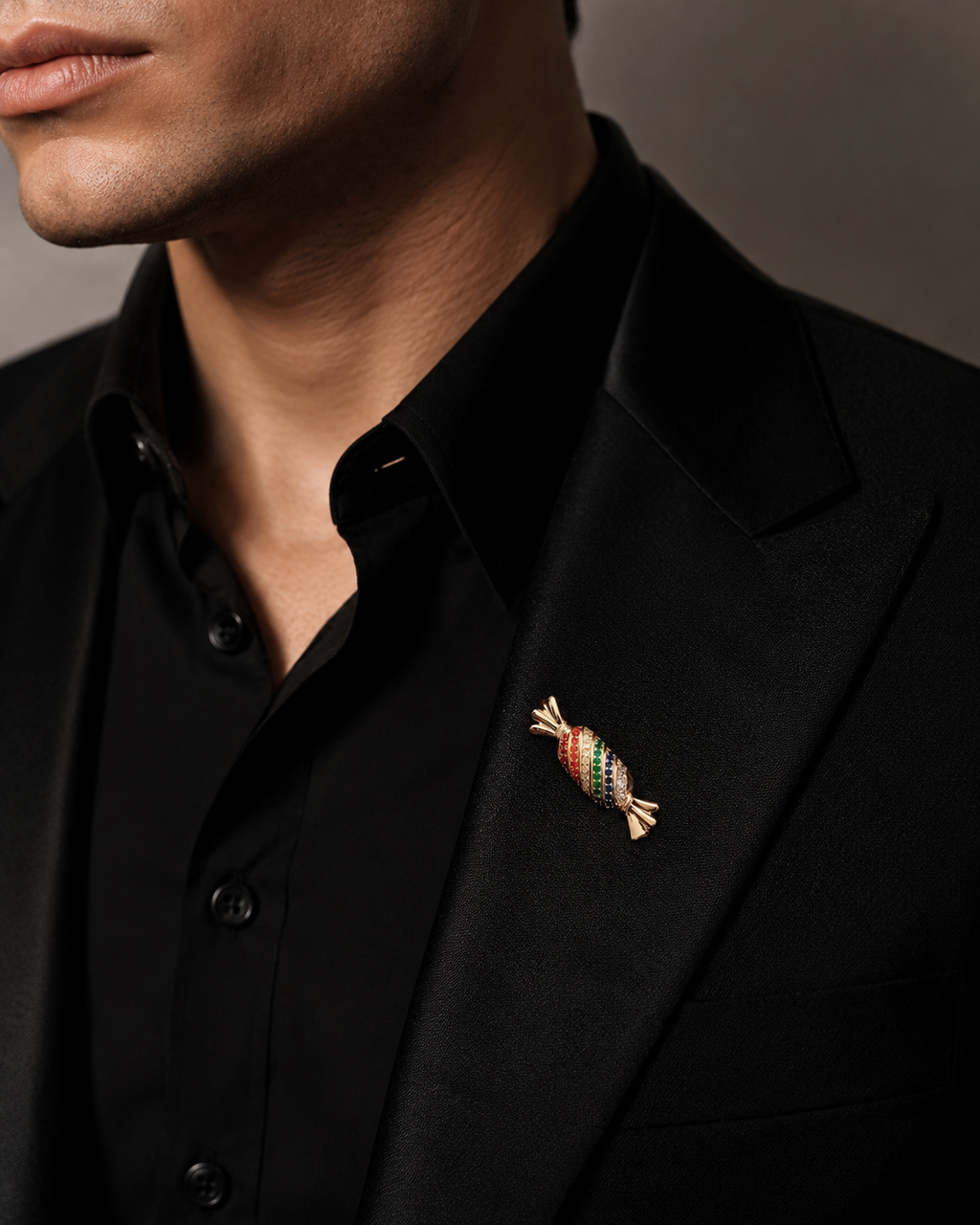 Gold Multicolour Pavé Candy Sweet Lapel Brooch Pin worn on model on black blazer lapel with black shirt