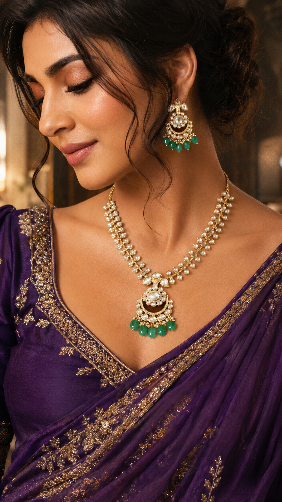 Gold Kundan Polki Chandbali & Graduated Necklace Set with Emerald Drops worn on model with purple saree