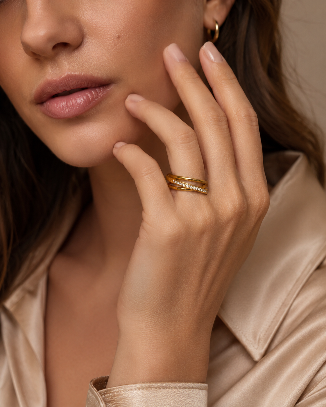 Gold Triple Band Pavé Ring worn on finger