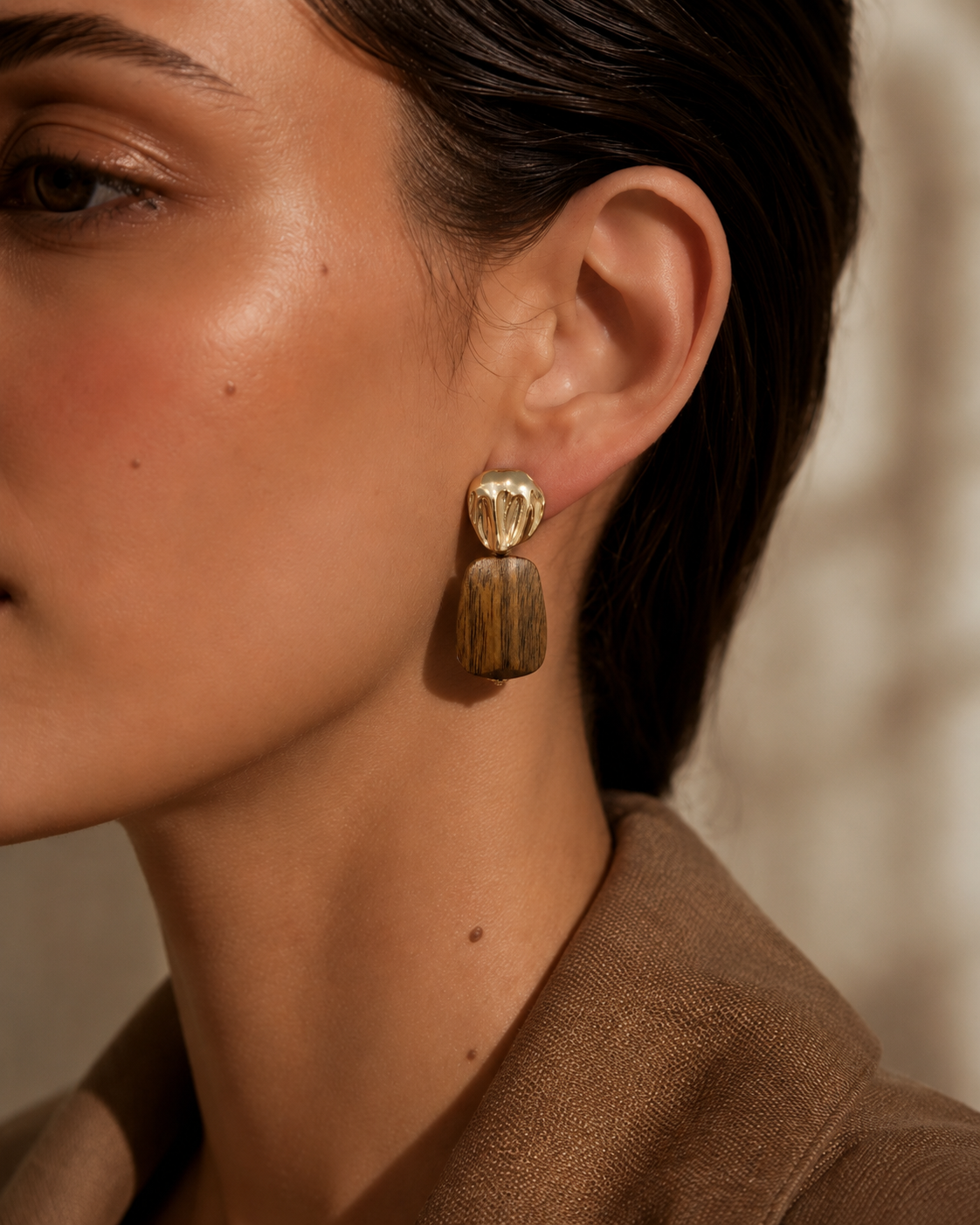 Wood Grain & Hammered Gold Drop Earrings