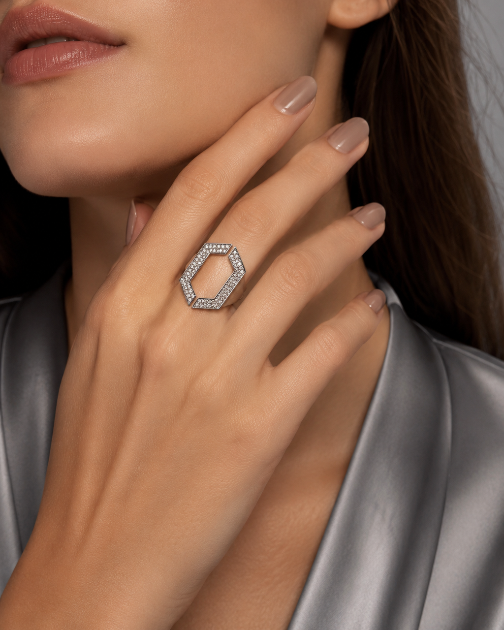 Gold Open Hexagon Pavé Ring worn on finger