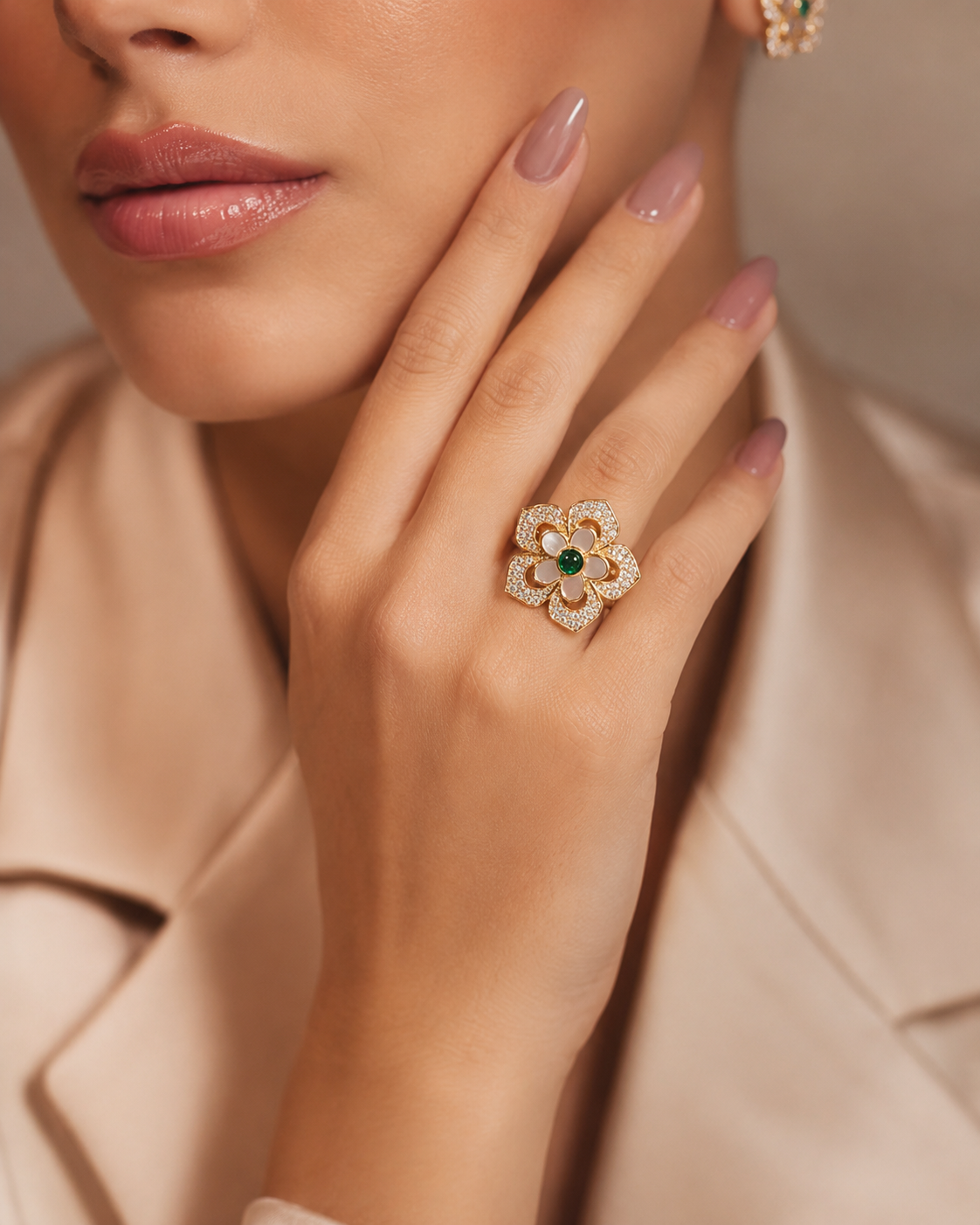 Gold Floral Ring with Mother-of-Pearl and Emerald Centre worn on finger