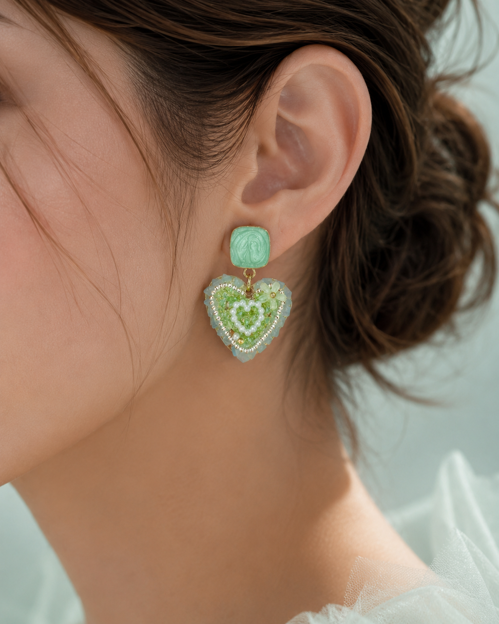 Mint Green Beaded Heart Drop Earrings
