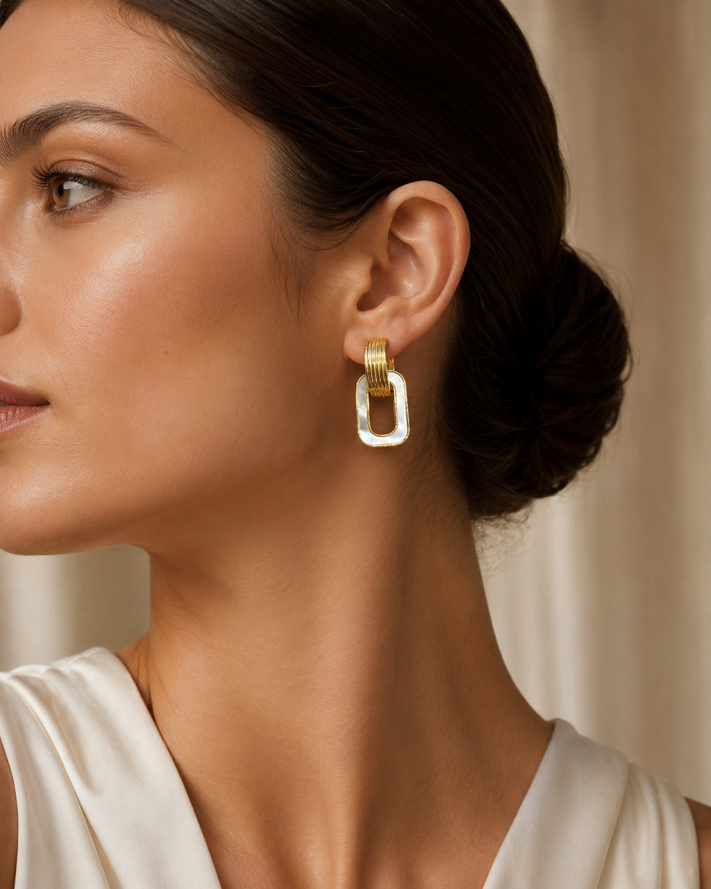 White Enamel Open Rectangle Huggie Drop Earrings