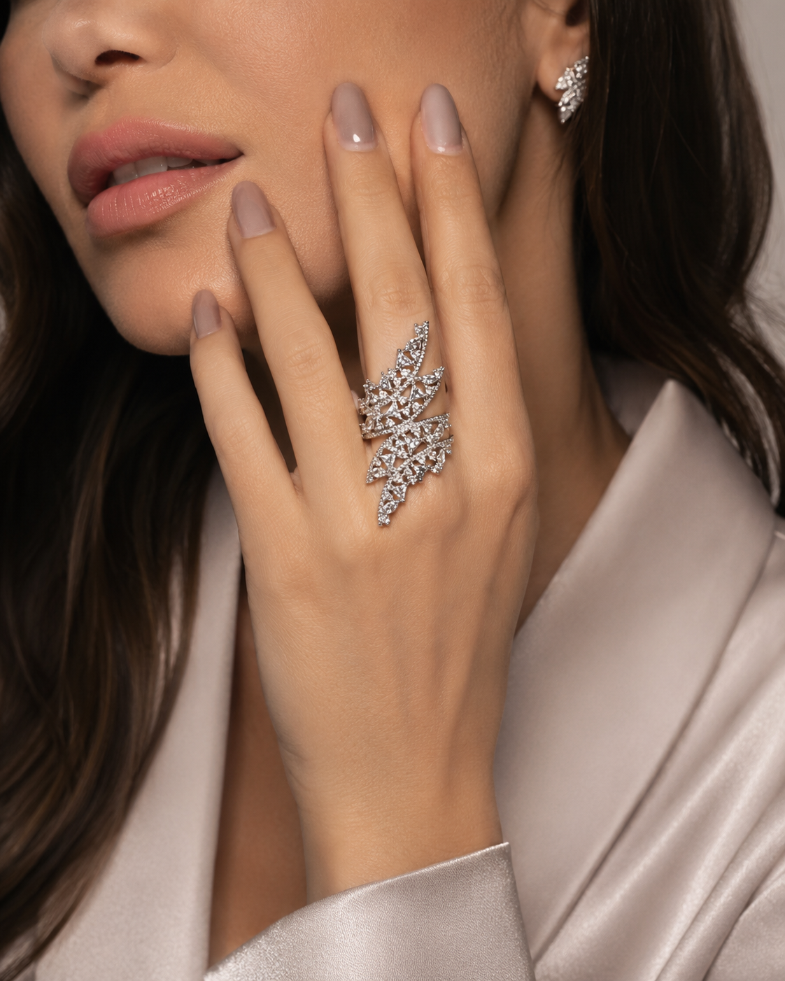 Crystal Maple Leaf Statement Ring worn on finger