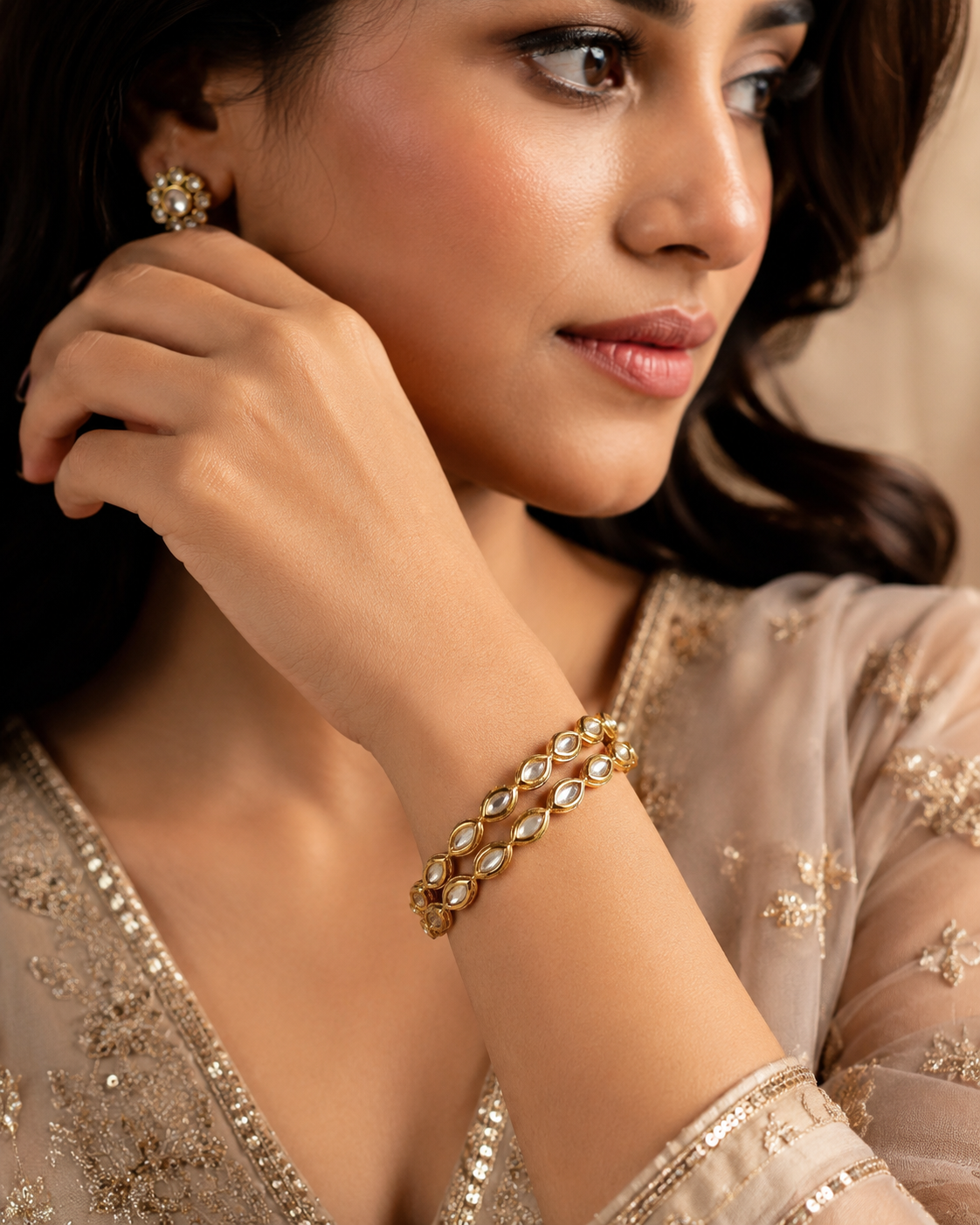Marquise Polki Gold Bangle — Set of 2