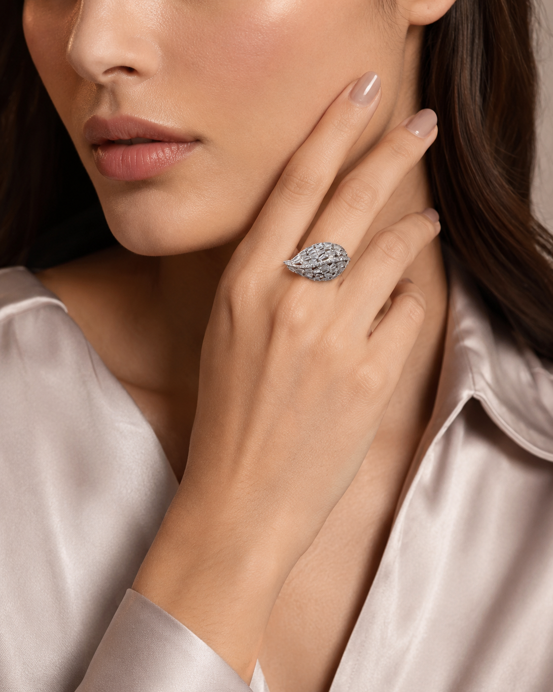 Crystal Leaf Cocktail Ring worn on finger