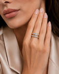 Gold Double Row Princess-Cut Crystal Ring worn on finger