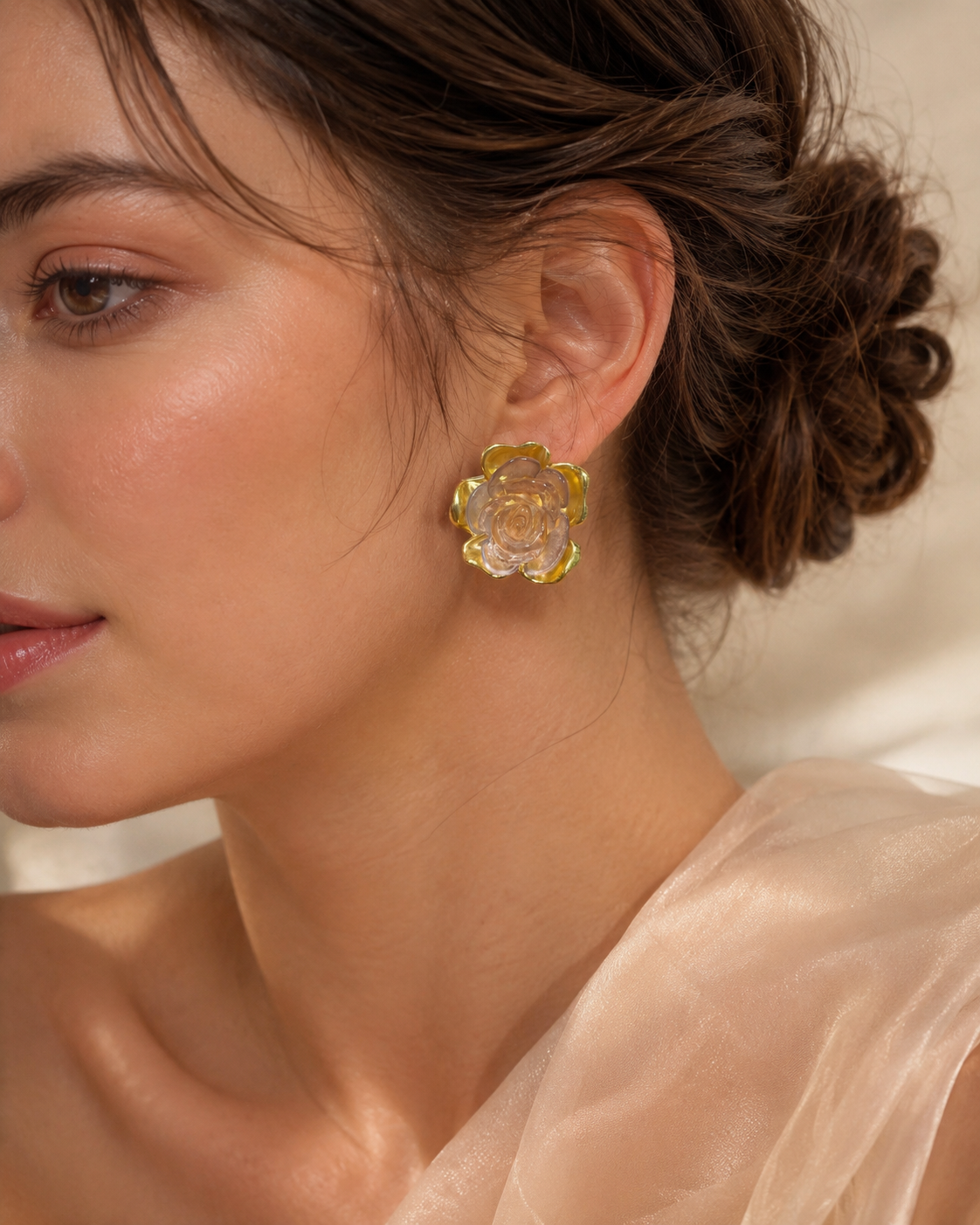 Gold Rose Quartz Carved Rose Stud Earrings worn on model