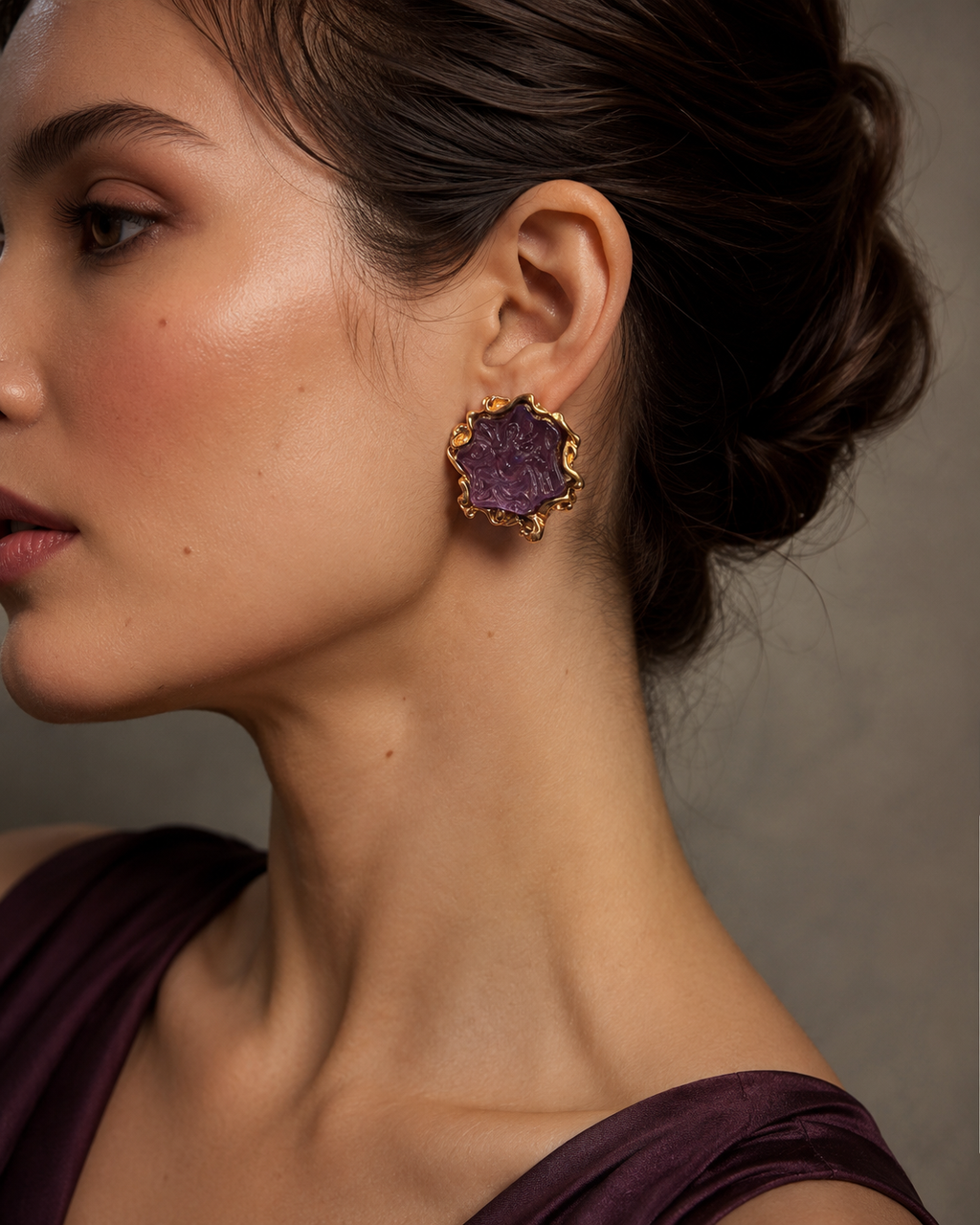 Amethyst Baroque Gold Stud Earrings