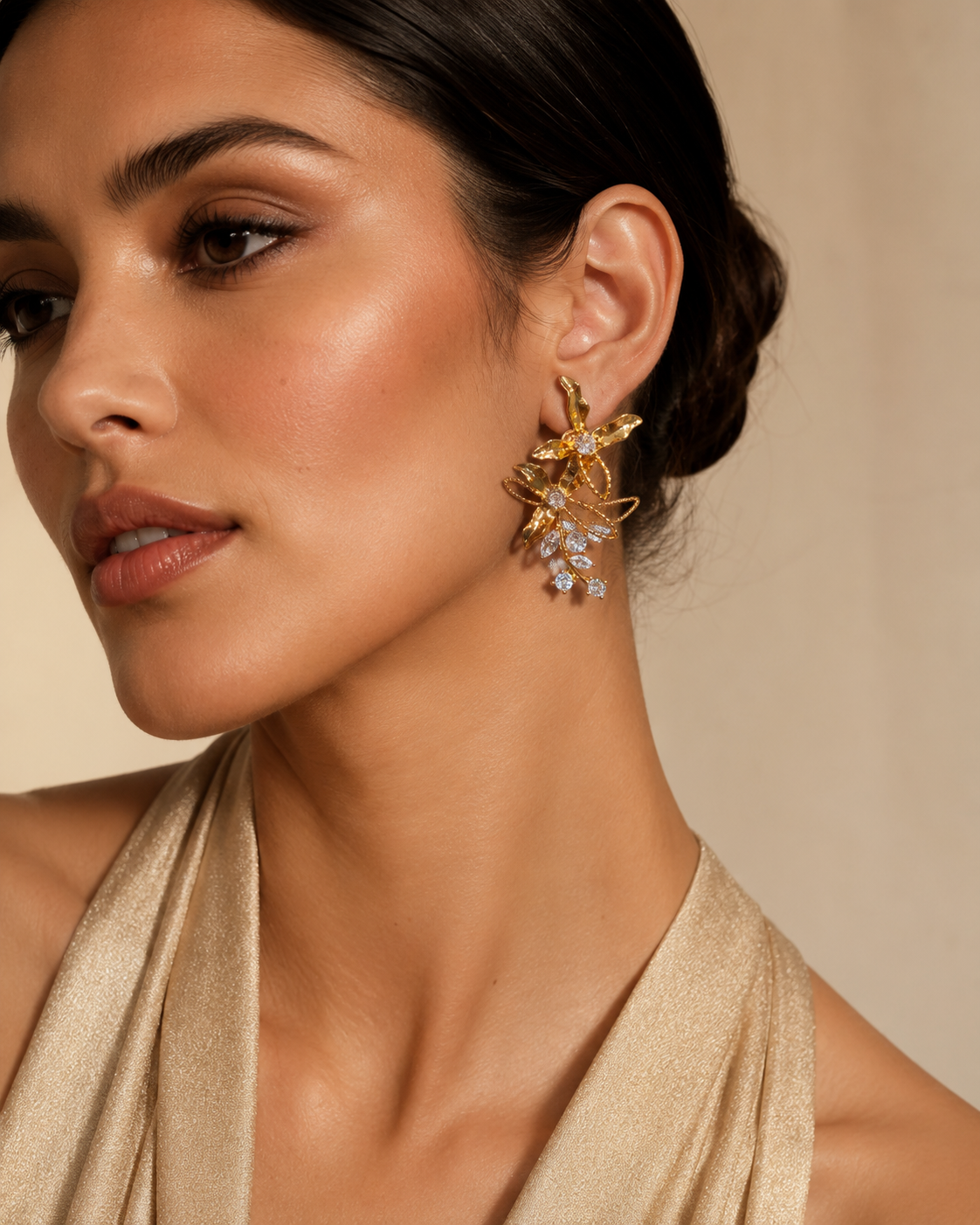 Gold Botanical Dragonfly Crystal Drop Earrings