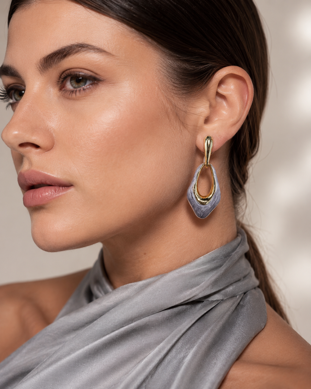 Grey Marbled Resin Open Teardrop Drop Earrings