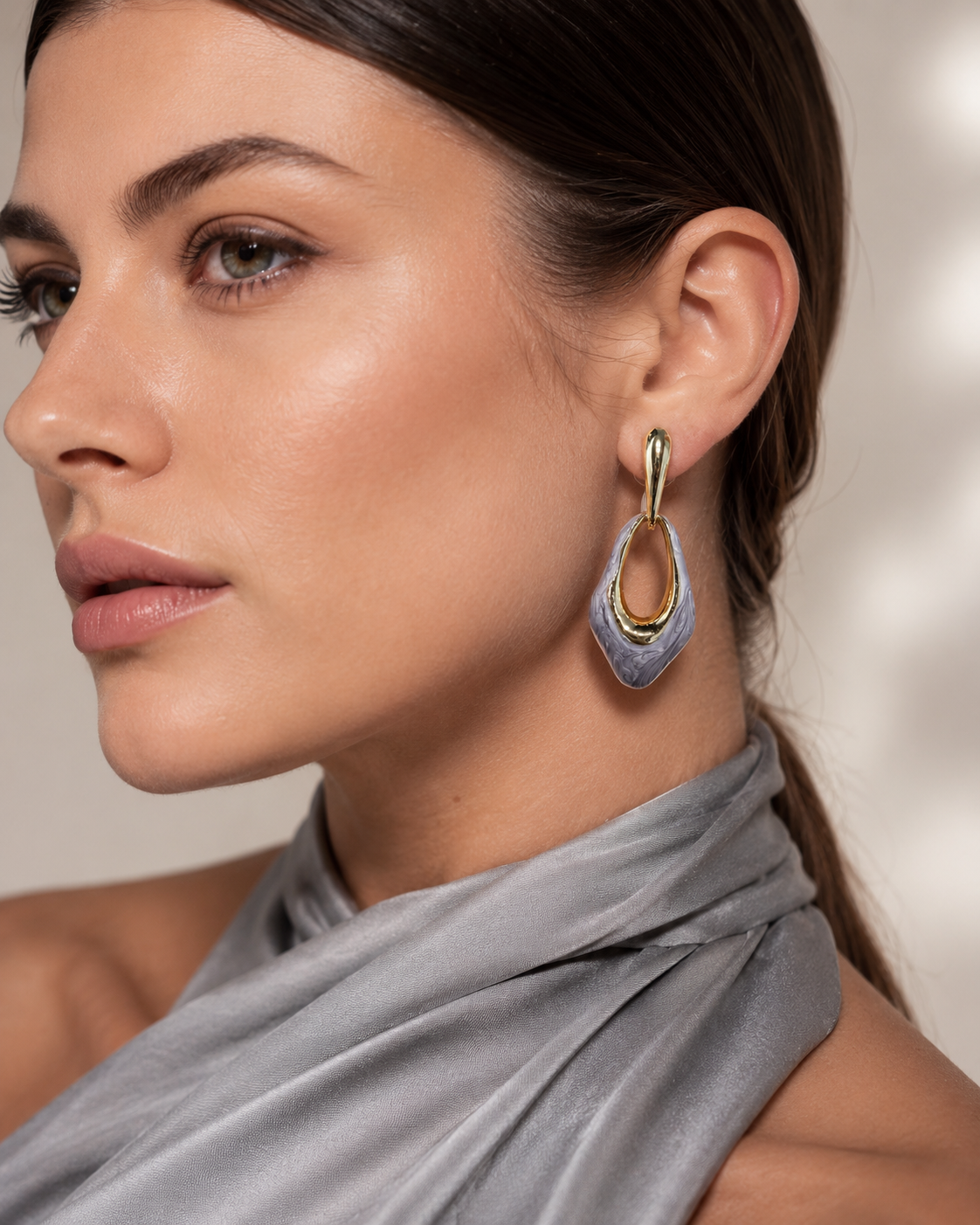 Grey Marbled Resin Open Teardrop Drop Earrings