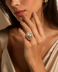 Golden Pearl Baguette Halo Cocktail Ring