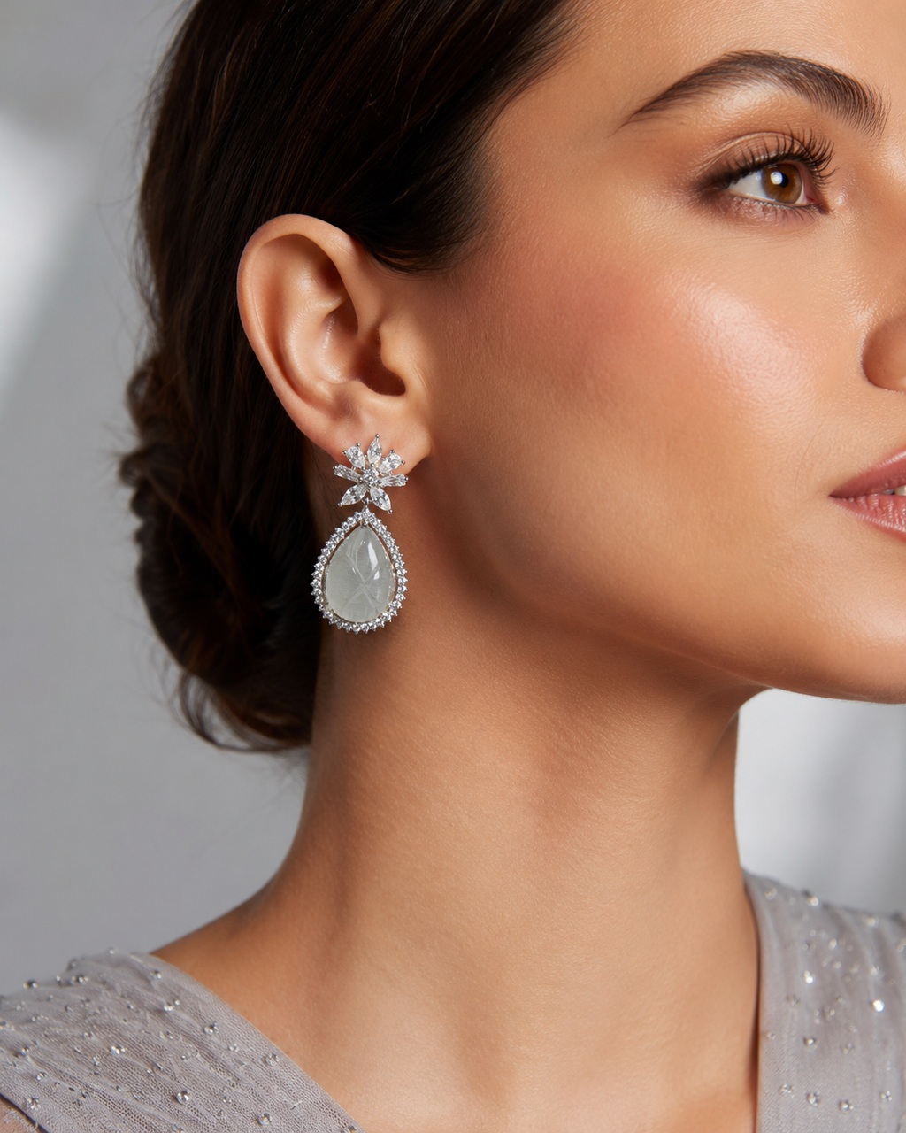 Silver Carved Jade Pear-Drop & Marquise Crystal Flower Drop Earrings worn on model