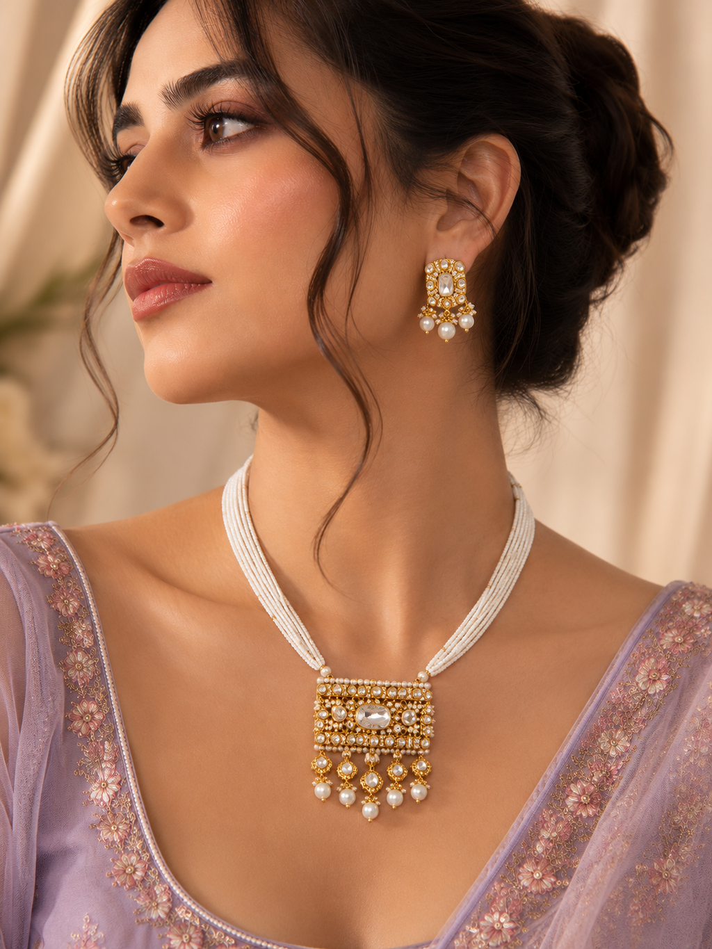 Gold Kundan Polki Rectangular Pendant Multi-Strand Seed Pearl Necklace & Earrings Set worn on model with lavender lehenga