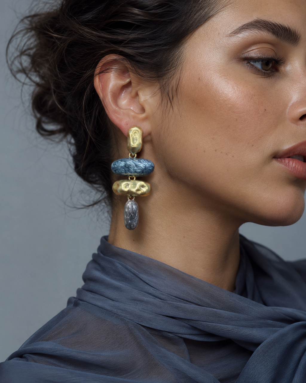 Blue Marbled Resin & Gold Pebble Drop Earrings