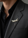 Gold Mother-of-Pearl Wing Dragonfly & Pearl Body Lapel Brooch Pin worn on model on black blazer lapel with black shirt