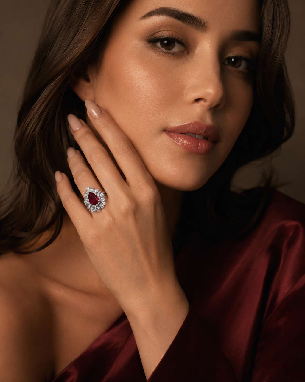 Silver Ruby Red Pear-Cut Sunburst Halo Ring worn on finger