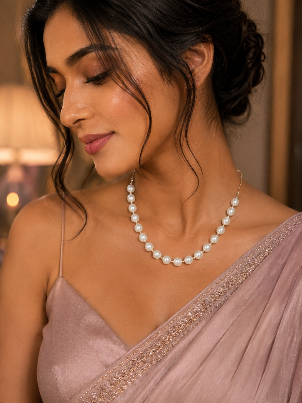 Gold Graduated Pearl Necklace with Adjustable Slider Closure worn on model with blush pink saree
