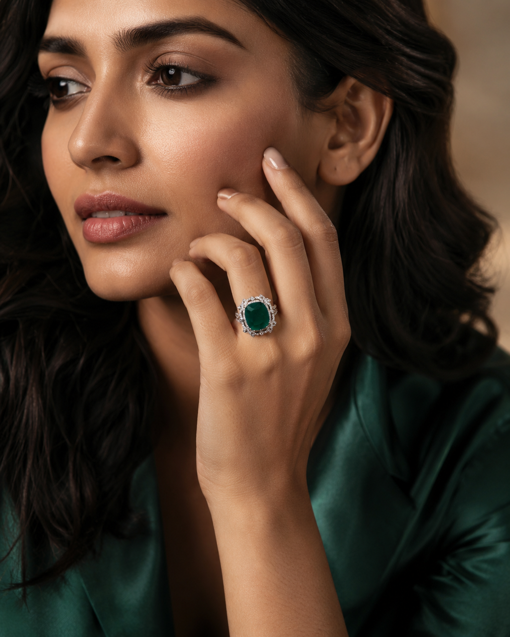Gold Emerald Green Cushion Halo Cocktail Ring worn on finger