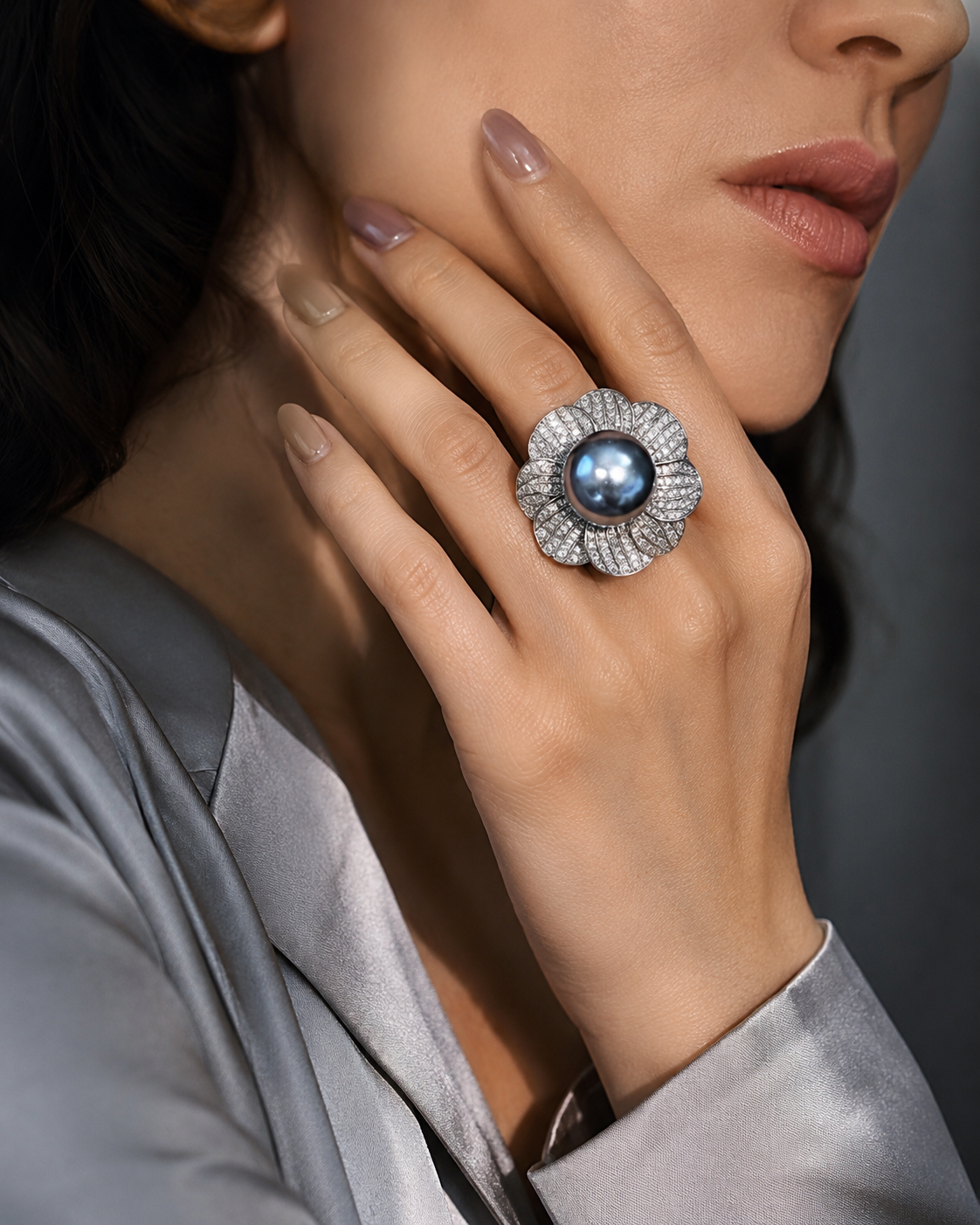Silver Pavé Floral Ring with Tahitian Pearl Centre worn on finger