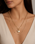 Gold Double-Layer Heart Pendant Necklace Set worn around neck