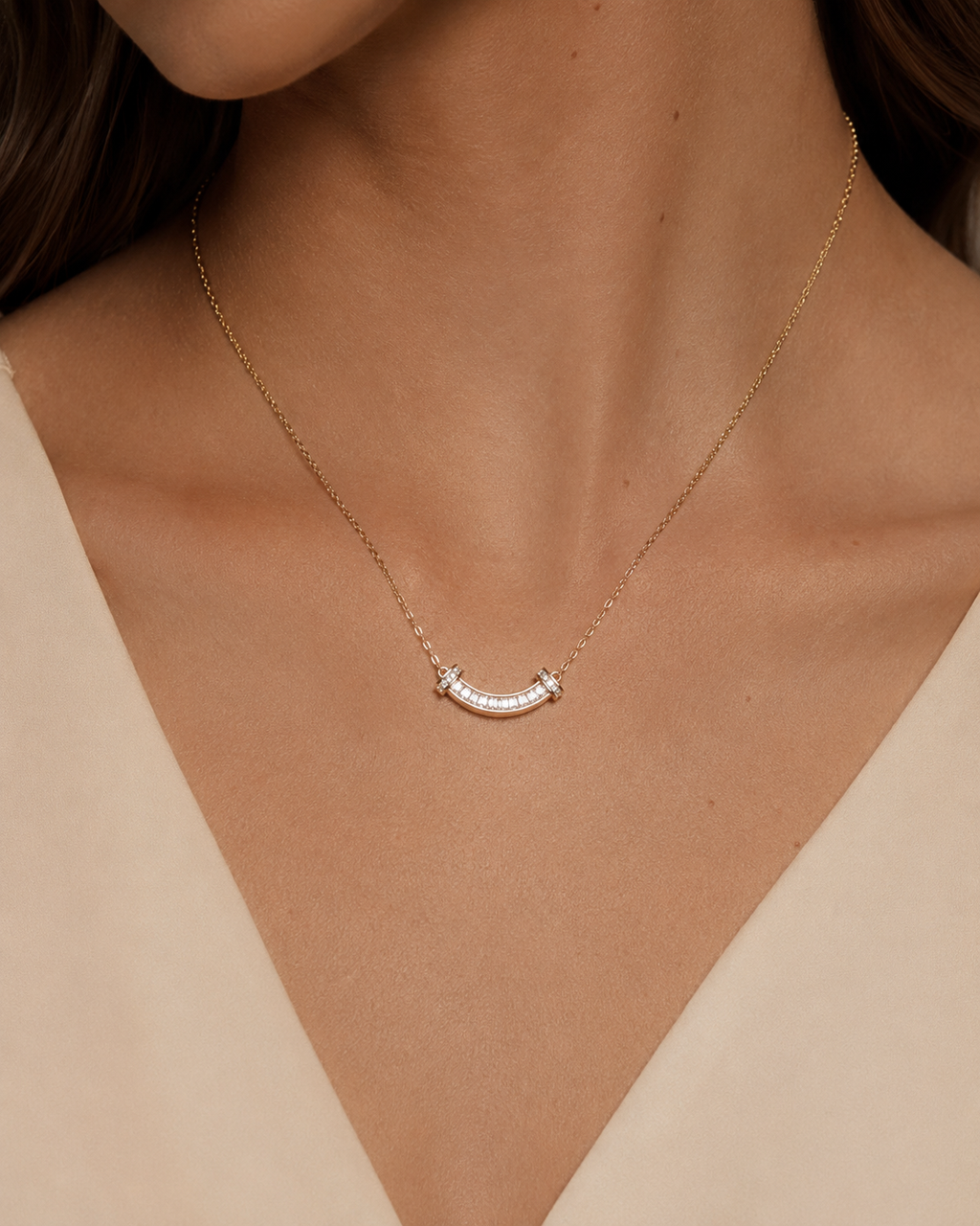 Gold Curved Baguette Bar Necklace worn around neck