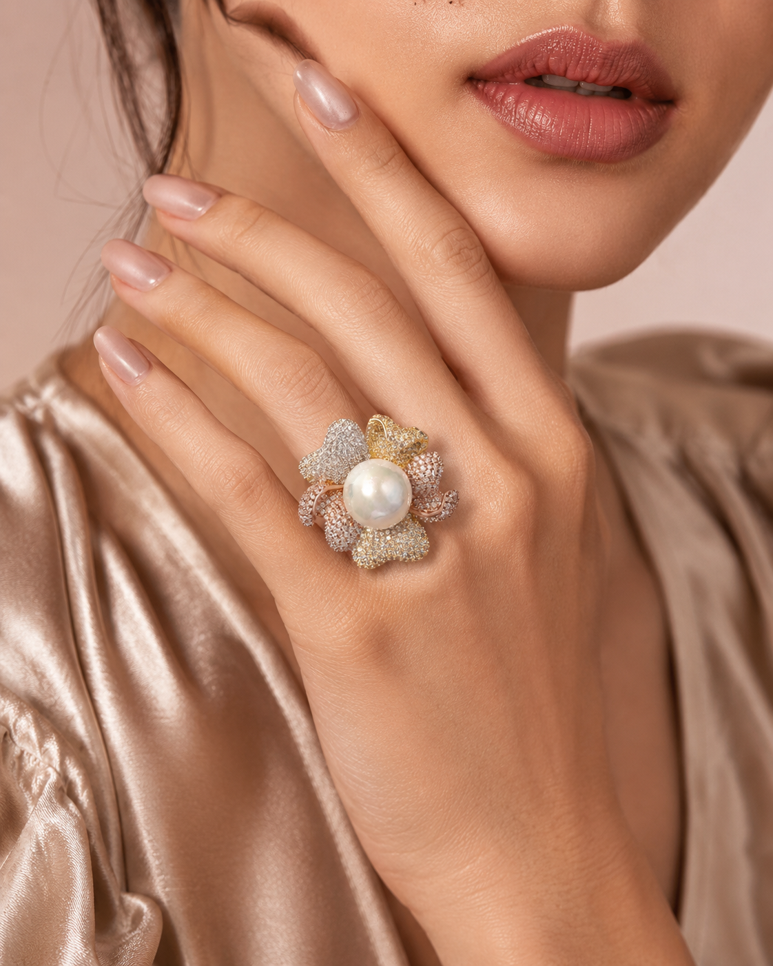 Tri-Tone Pavé Floral Ring with Freshwater Pearl worn on finger