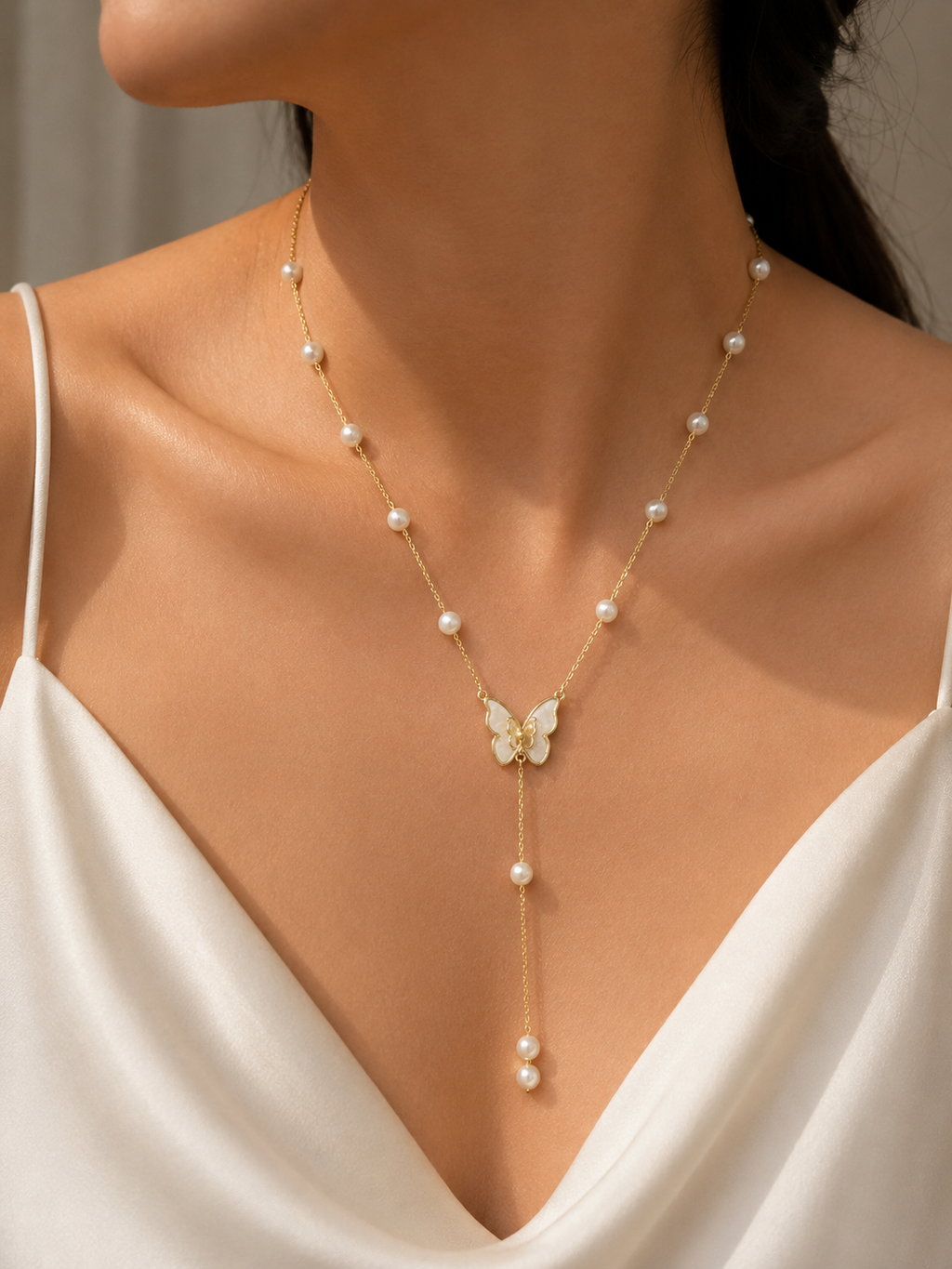 Gold Pearl Station Butterfly Lariat Necklace worn around neck