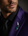 Silver Emerald Crystal Tulip Bud & Leaf Lapel Brooch Pin worn on model on purple blazer lapel with black tie