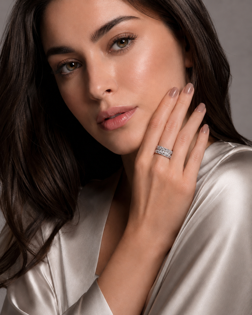 Gold Baguette & Pavé Wide Eternity Band worn on finger