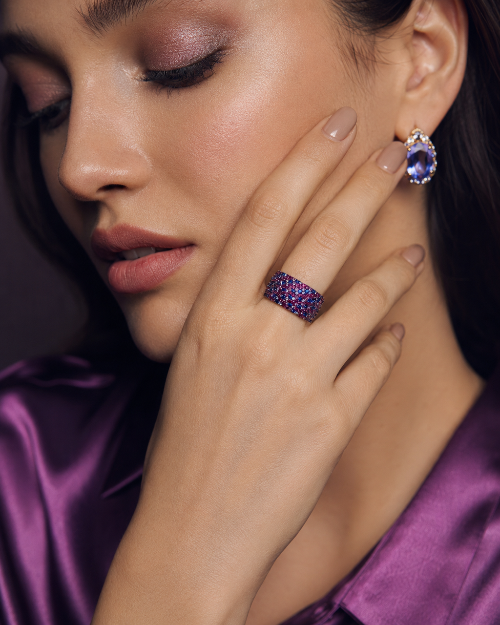 Multi-Colour Pavé Wide Dome Band Ring worn on finger
