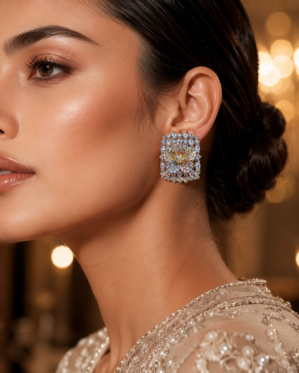 Gold Floral Pavé Rectangle Stud Earrings
