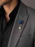 Gold Deep Blue Enamel Lotus Bloom Long Stem Lapel Brooch Pin worn on model on grey blazer lapel with black shirt