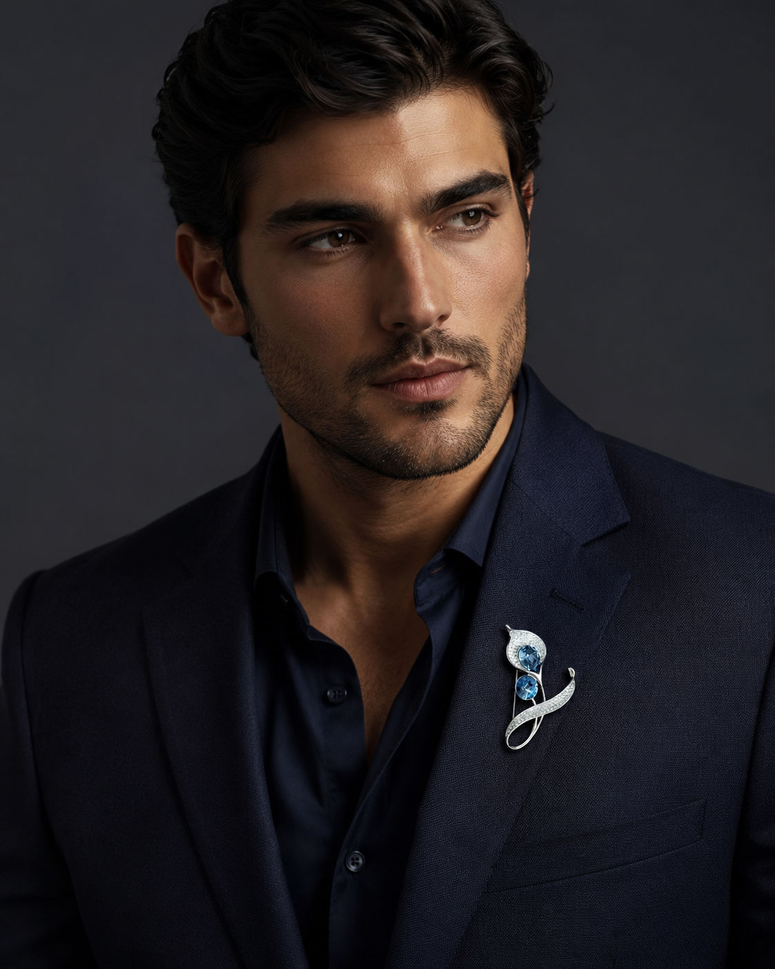 Silver Blue Topaz Crystal & Pavé Double Bloom Lapel Brooch Pin worn on model on navy blazer lapel