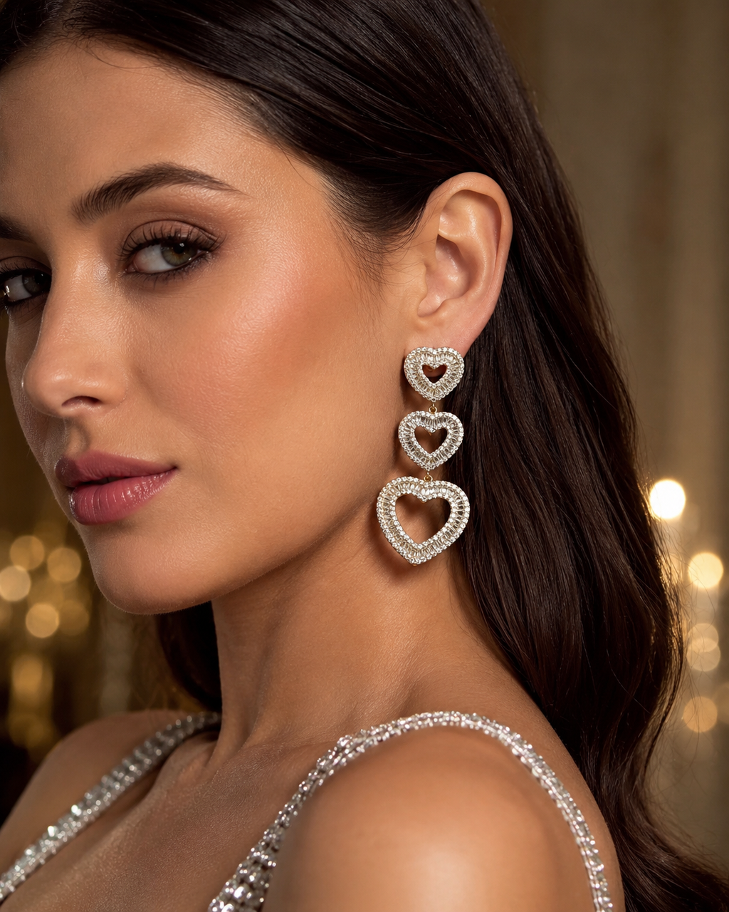 Triple Open Heart Baguette Crystal Drop Earrings