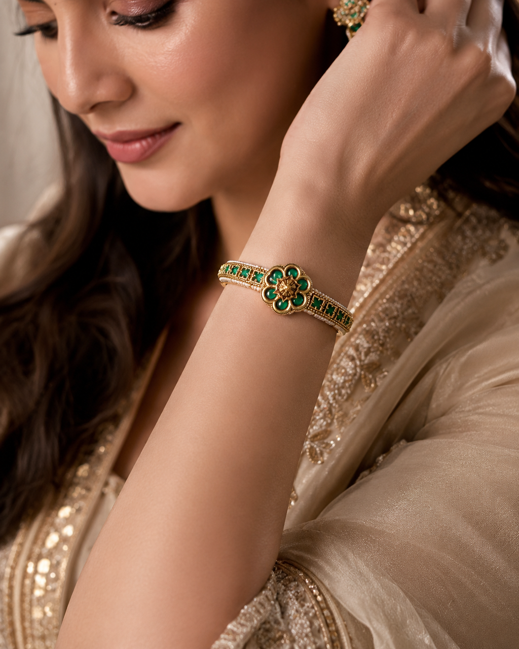 Emerald Floral Centrepiece Gold Cuff Bangle