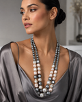 Double-Strand Graduated Grey & Blush Baroque Pearl Necklace worn on model with charcoal silk deep V-neck gown