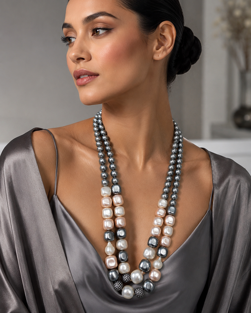 Double-Strand Graduated Grey & Blush Baroque Pearl Necklace worn on model with charcoal silk deep V-neck gown
