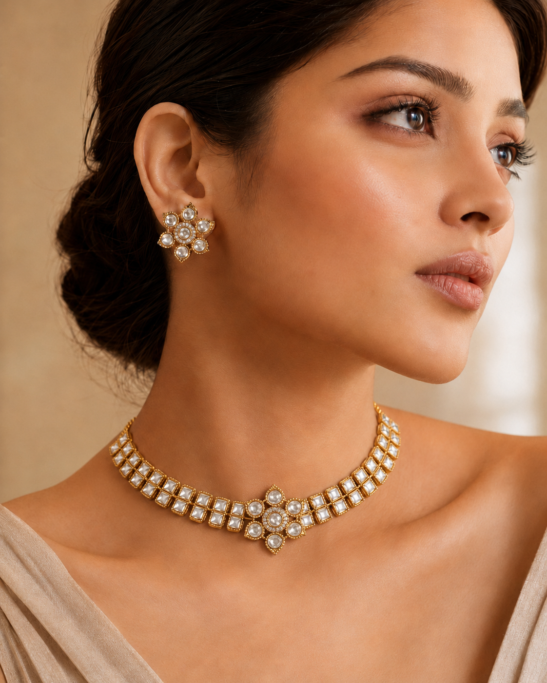 Gold Double-Row Square Kundan Polki Choker & Floral Stud Earrings Set worn on model with beige saree
