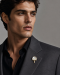 Gold Mother-of-Pearl Round Disc & Pavé Bar Lapel Brooch Pin worn on model on charcoal blazer lapel with black shirt
