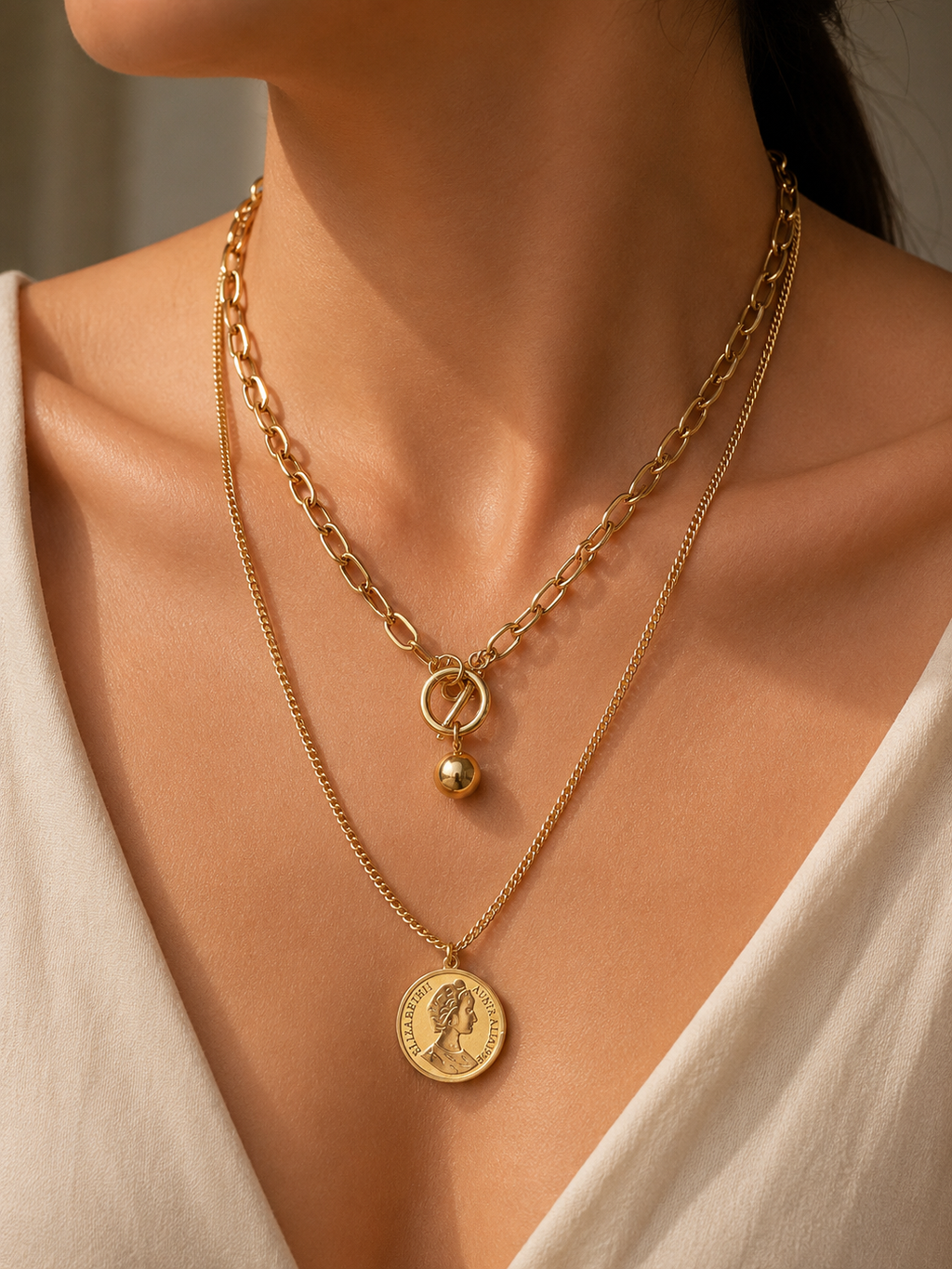 Gold Double-Layer Coin Medallion Necklace worn around neck