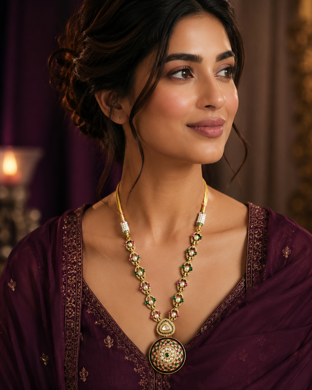 Gold Kundan Polki Ruby & Emerald Long Necklace, Earrings & Maangtikka Set full set flat lay on purple fabric