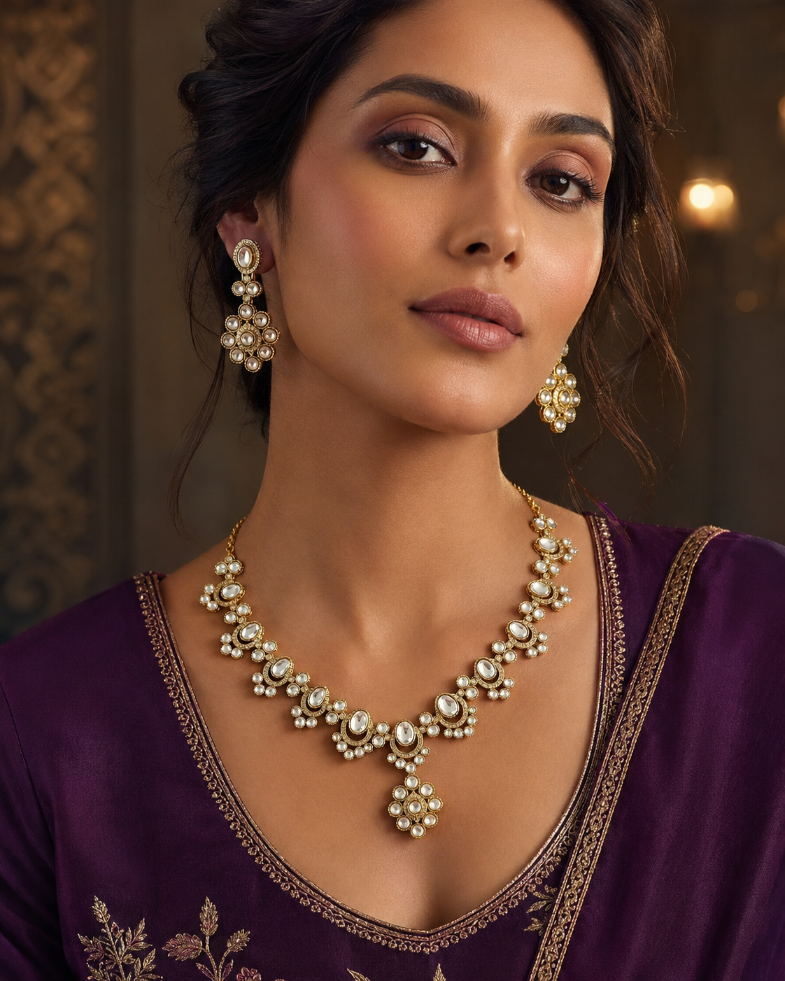 Gold Kundan Polki Floral Cluster Necklace & Drop Earrings Set worn on model with purple anarkali