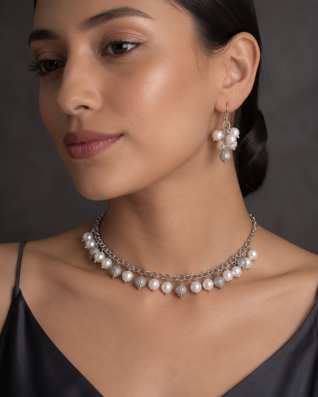 Silver Pearl & Pavé Ball Charm Choker & Cluster Drop Earrings worn on model with black silk slip dress