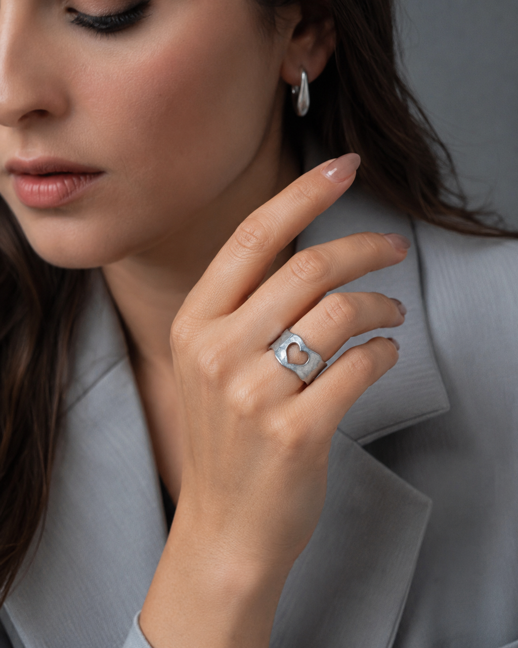 Open Heart Silver Ring worn on finger