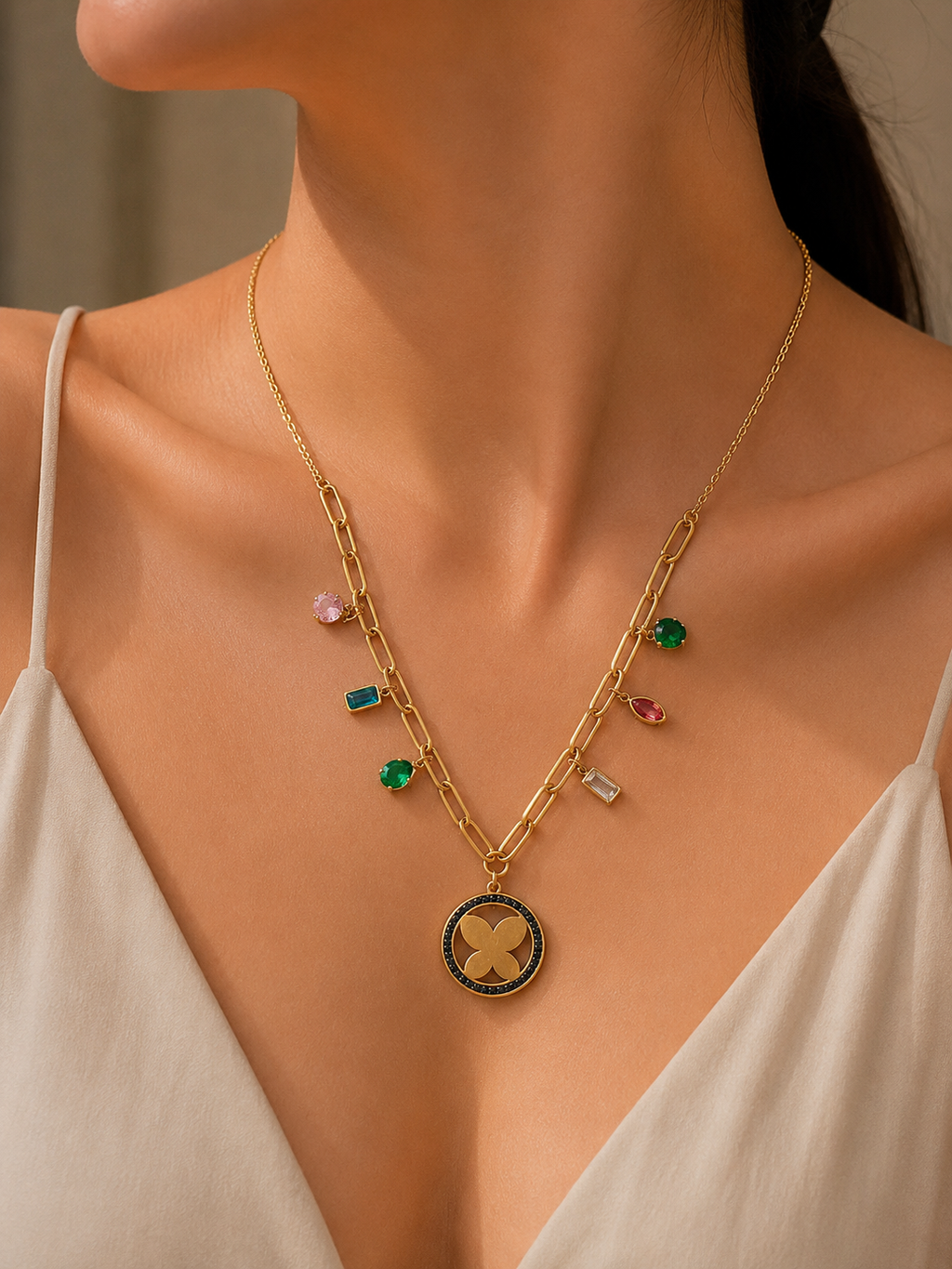 Gold Multi-Crystal Charm Paperclip Chain Butterfly Medallion Necklace worn around neck