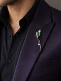 Gold Green Onyx Cabochon & Pavé Leaf Tulip Bud Long Stem Lapel Brooch Pin worn on model on navy blazer lapel with black shirt
